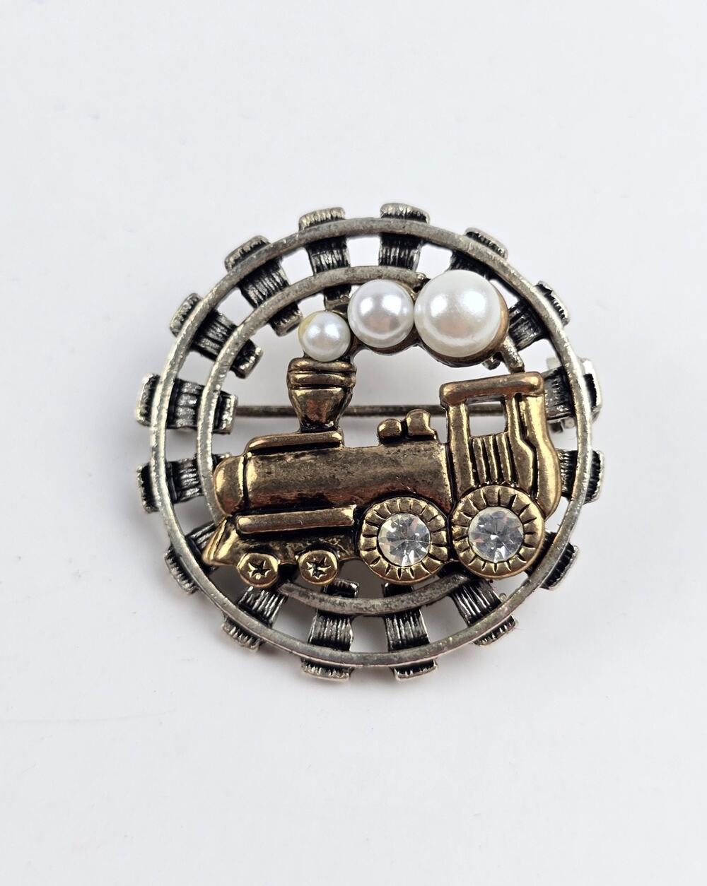 Vintage Silver & Gold Tone locomotive train hat tie pin pearl smoke crystal whee